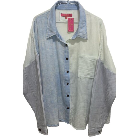 0781 Simply Southern NWT Plus Oversized Color Block Long Sleeve Blouse Blue - Picture 1 of 2